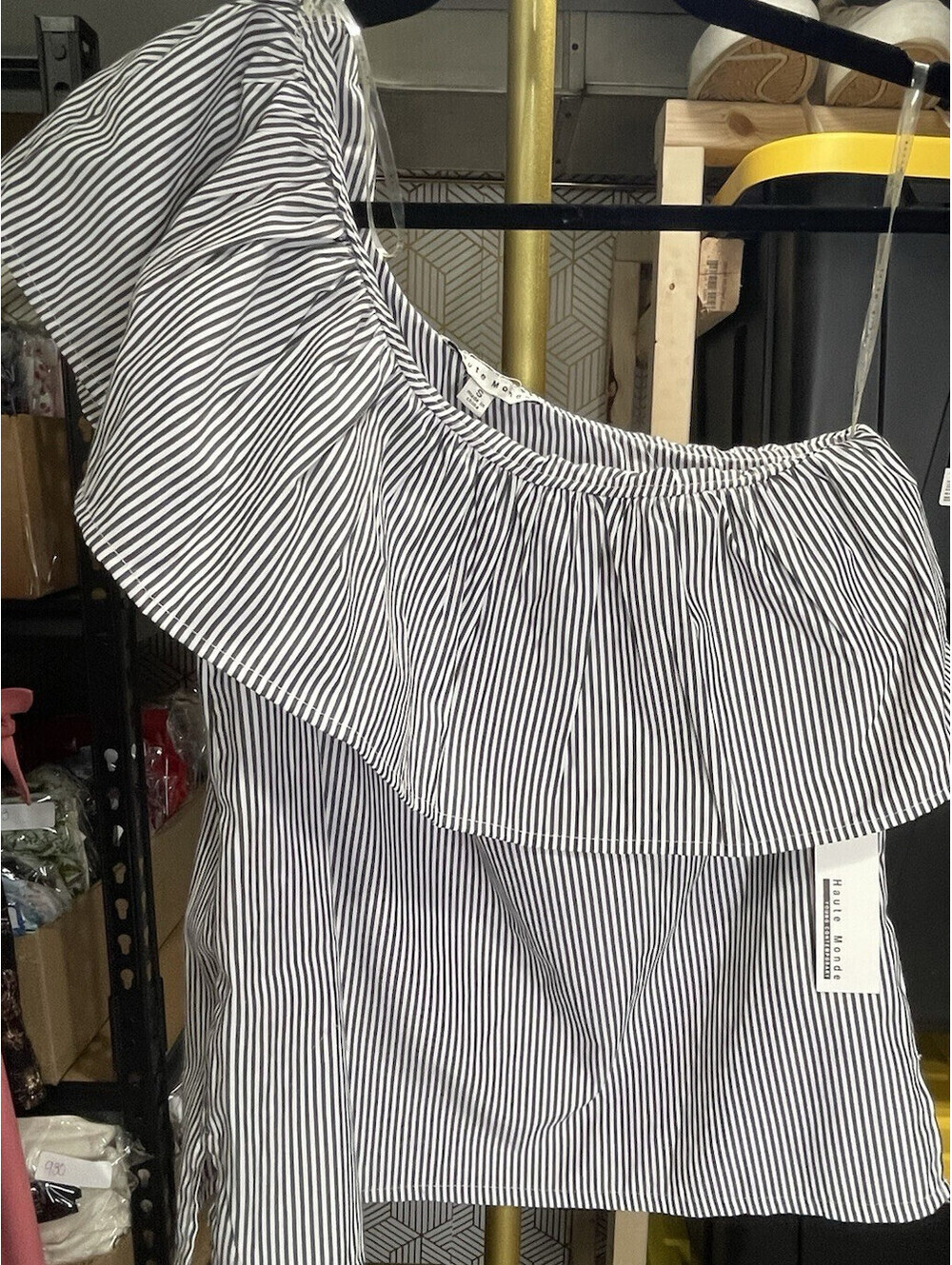 Haute Monde Black & White Striped One Shoulder Ruffle Blouse Small NWT